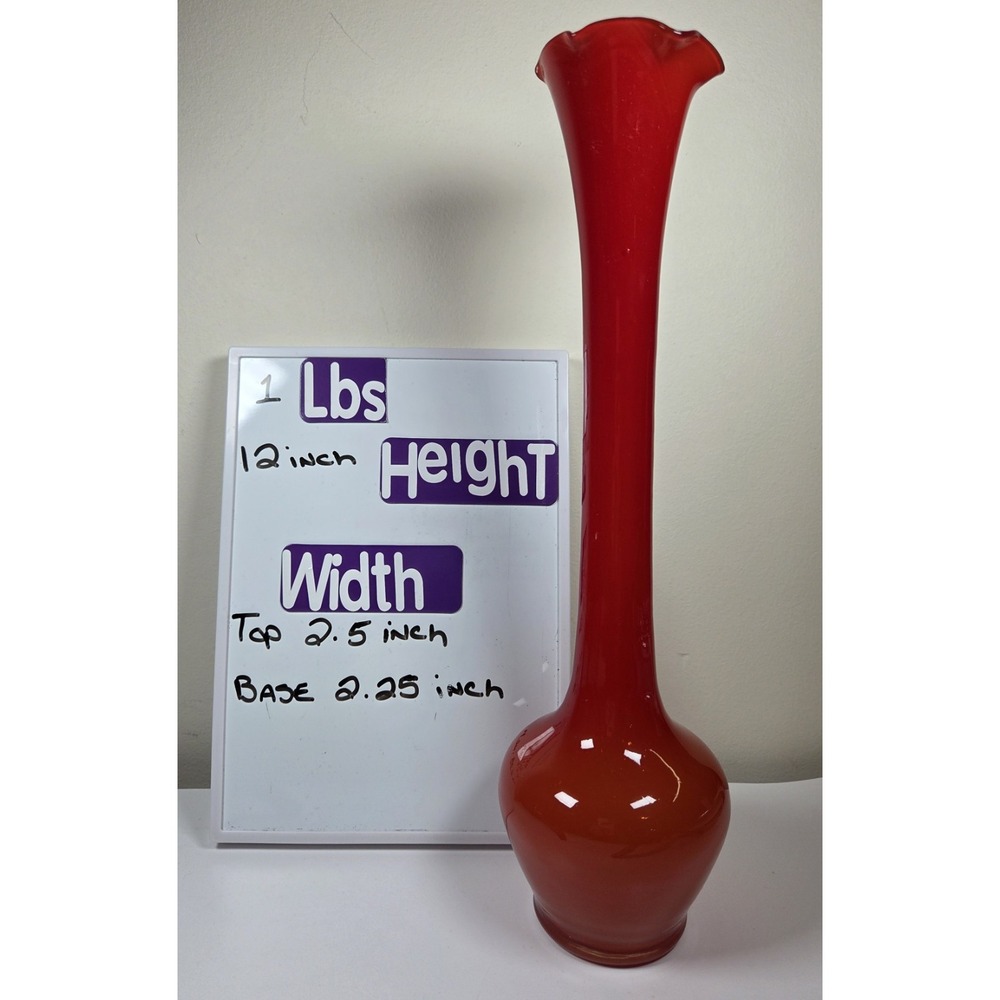 Vintage Hand Blown Glass MCM Vase Ruffled Top Red Orange - Picture 2 of 5